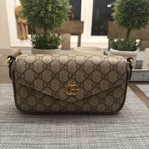 Gucci Brown Beige GG Supreme Crossbody Bag with Gold Hardware